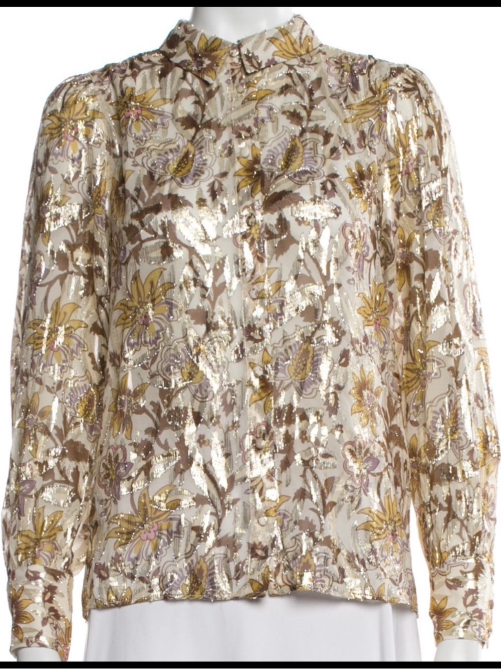 Sézane Tianna Shirt in Multicoloured Doha Ochre Floral Silk Metallic Blouse XS
